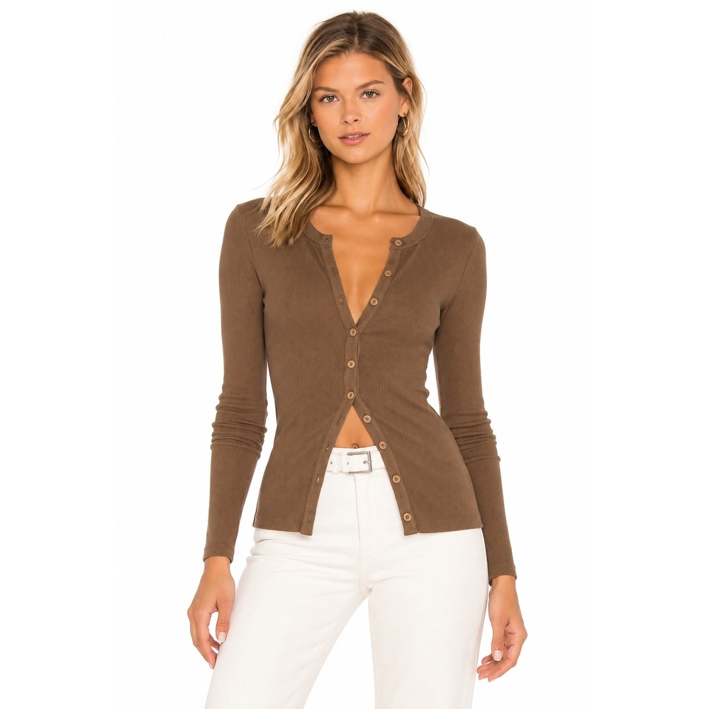 Enza Costa Silk Ribbed Knit Long Sleeve Cardigan Top M Mocha Minimalist Y2